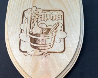 Plaque murale en bois pour sauna avec seau et louche