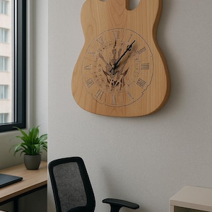 Cedar Guitar Body Wall Clock • Laser Engraved • Roman Numerals • Quartz Movement • Polyurethane Finish