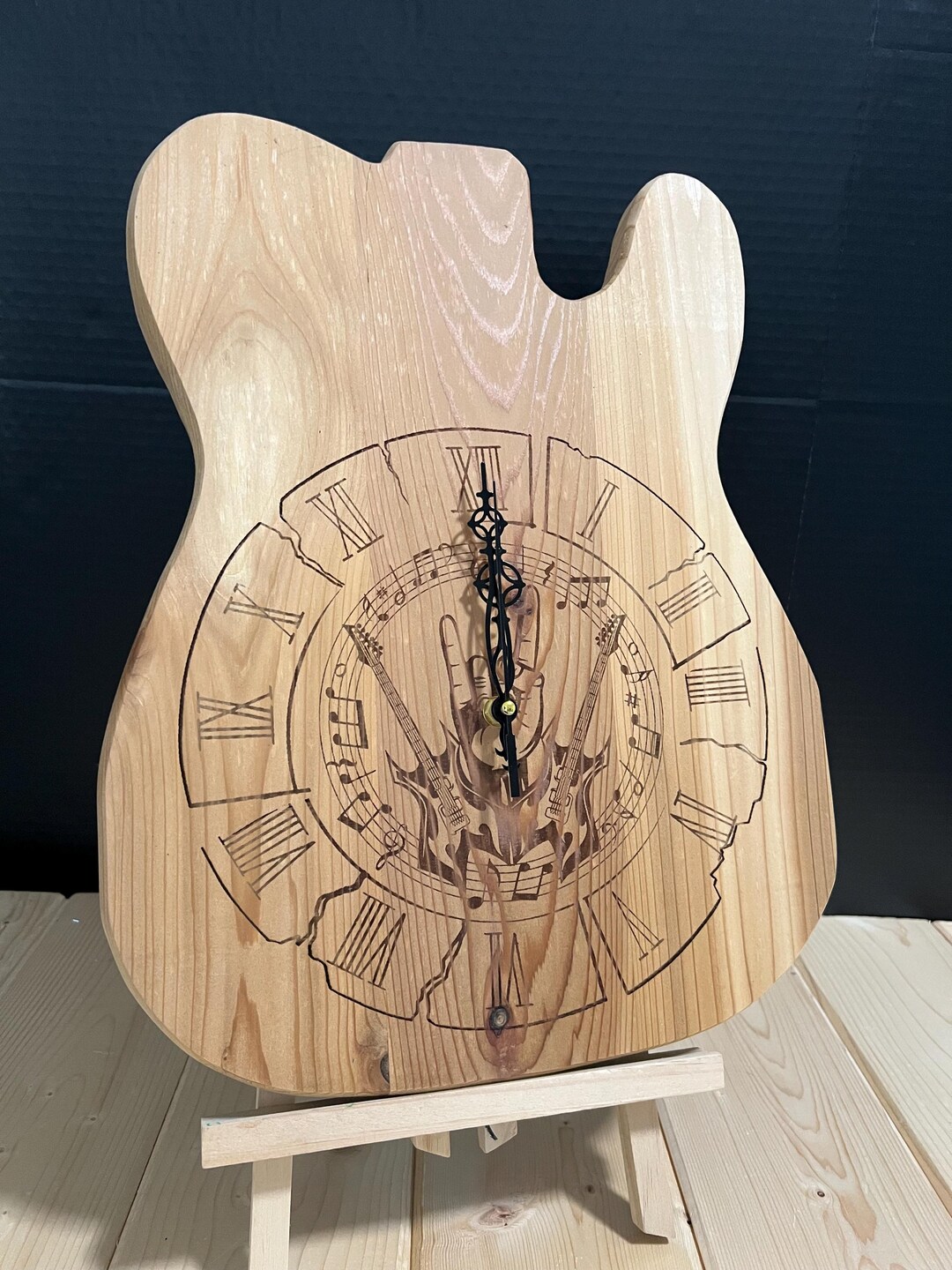 Cedar Guitar Body Wall Clock • Laser Engraved • Roman Numerals