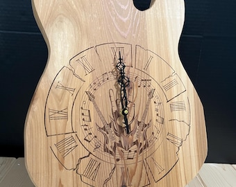Cedar Guitar Body Wall Clock • Laser Engraved • Roman Numerals
