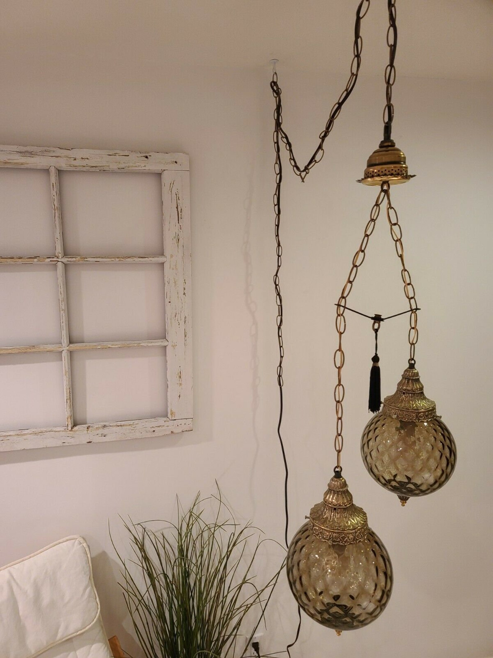 Vintage double swag light small smokey gray glass globes mid Etsy