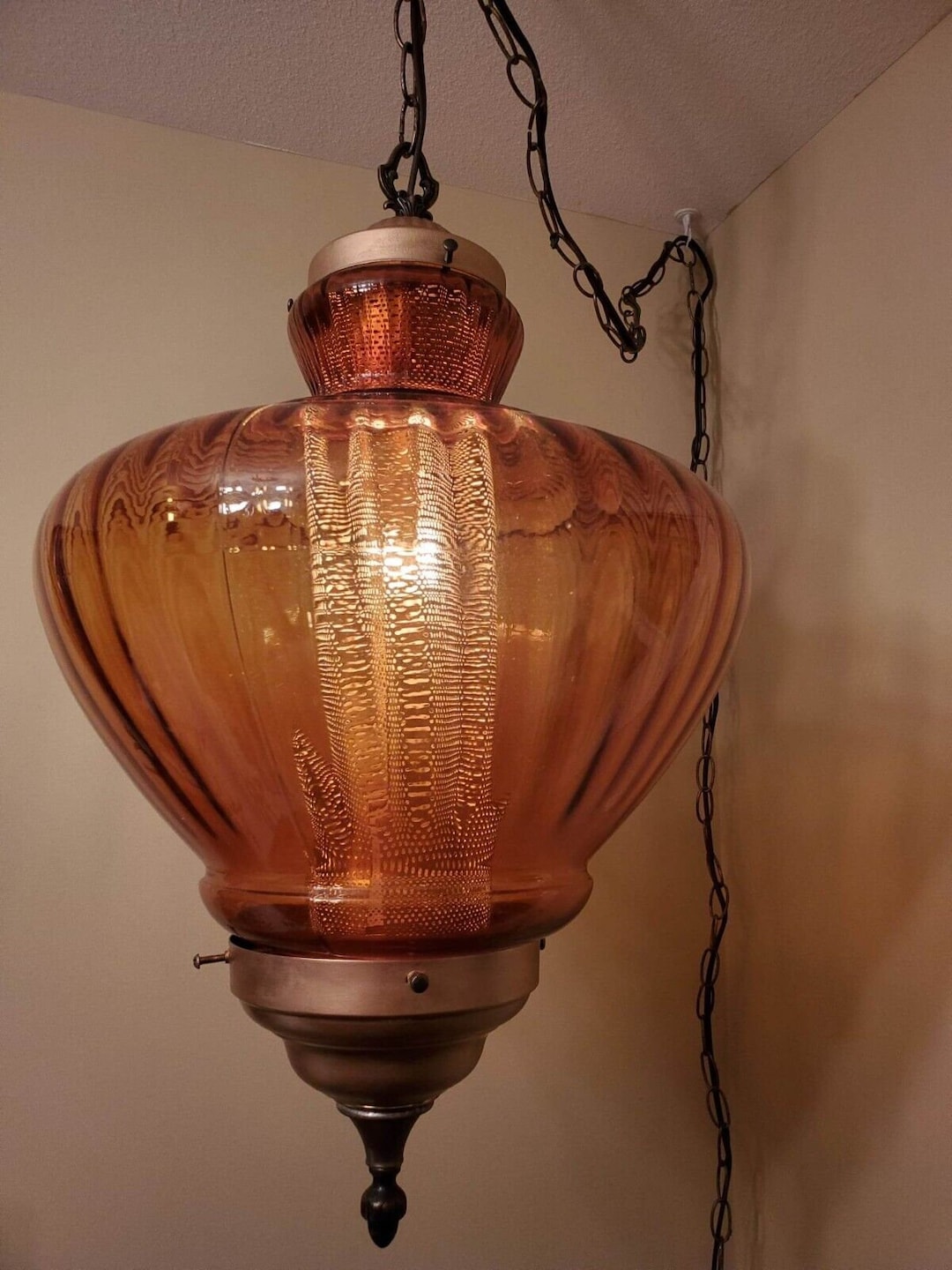 Vtg Huge Amber Swag Lamp Mid Century Large Pendant Ribbed Etsy