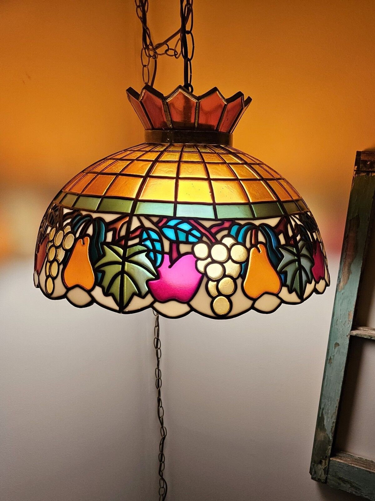 Vtg Acrylic Fruit Tiffany Pendant Chandelier Light Stained Glass
