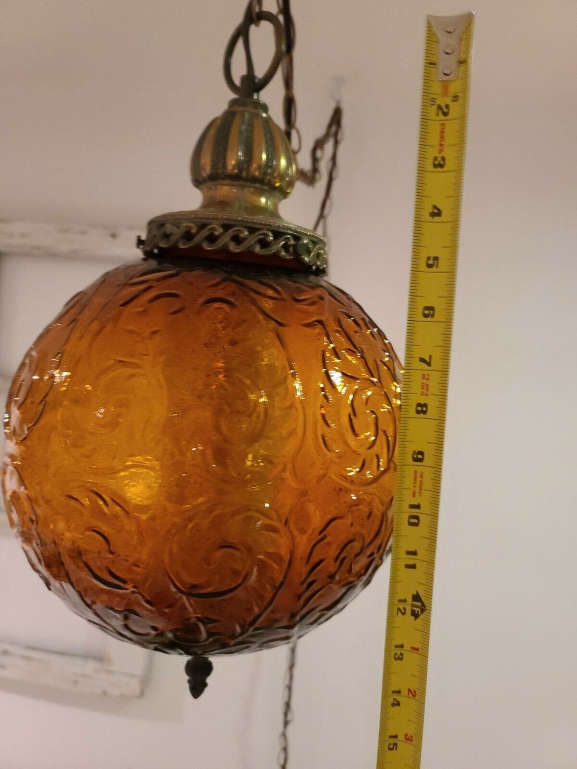 Large vintage amber swag hanging globe light raised swirl Etsy