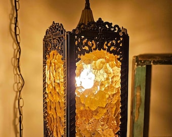 Vintage Swag Lamp Gothic Spanish Revival Amber Hanging Chandelier Light Mid Century Rewired Plug In Pendant Ornate Filigree Metal