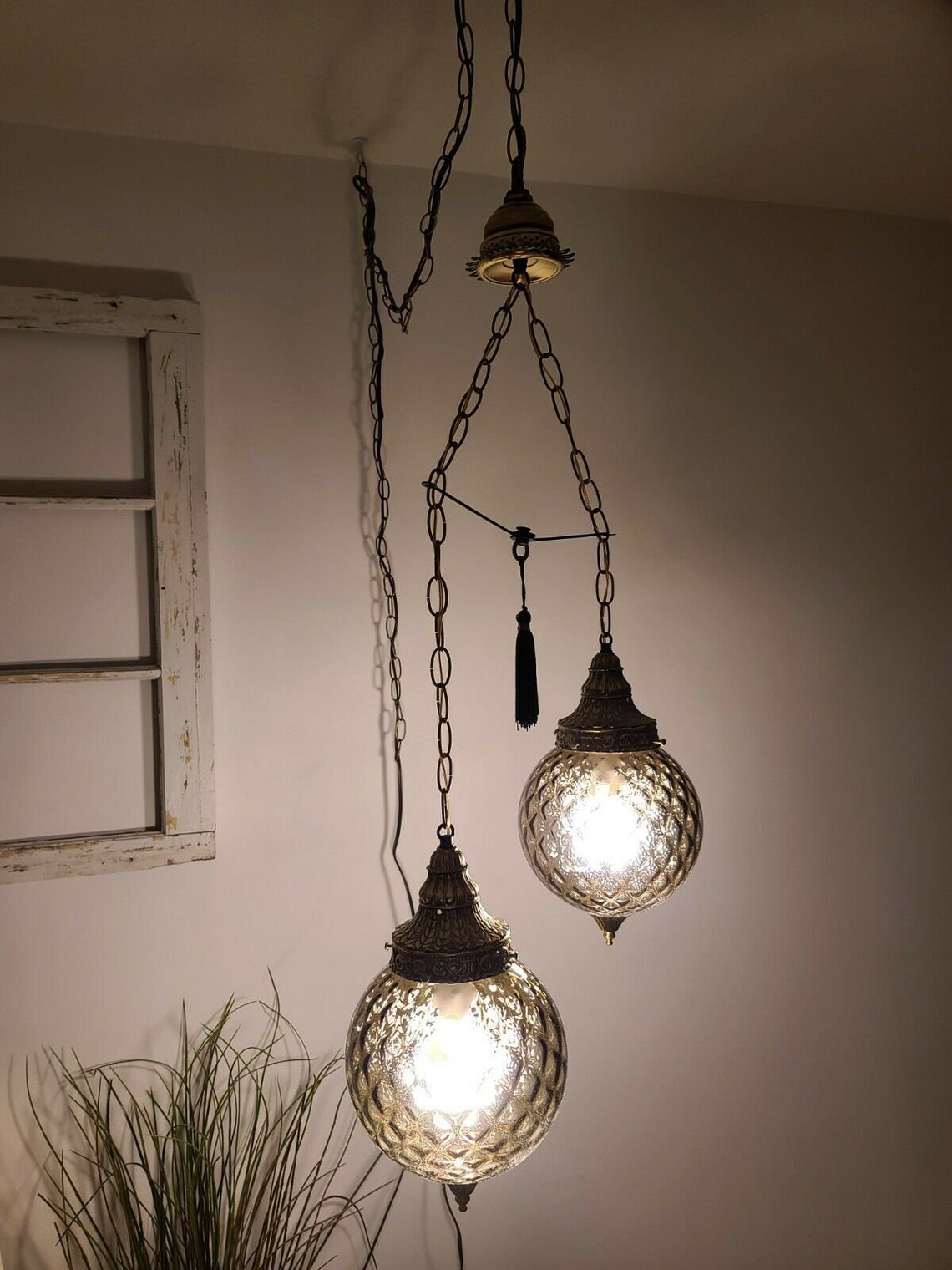 Vintage double swag light small smokey gray glass globes mid Etsy