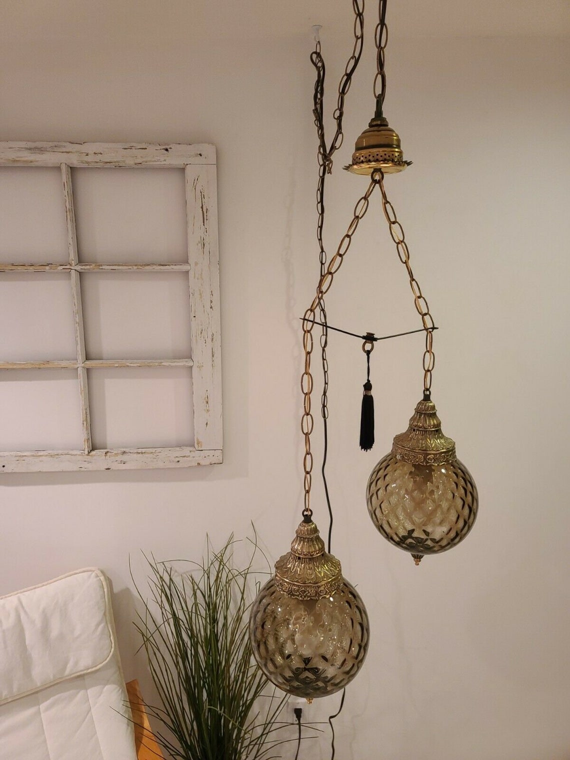 Vintage double swag light small smokey gray glass globes mid Etsy