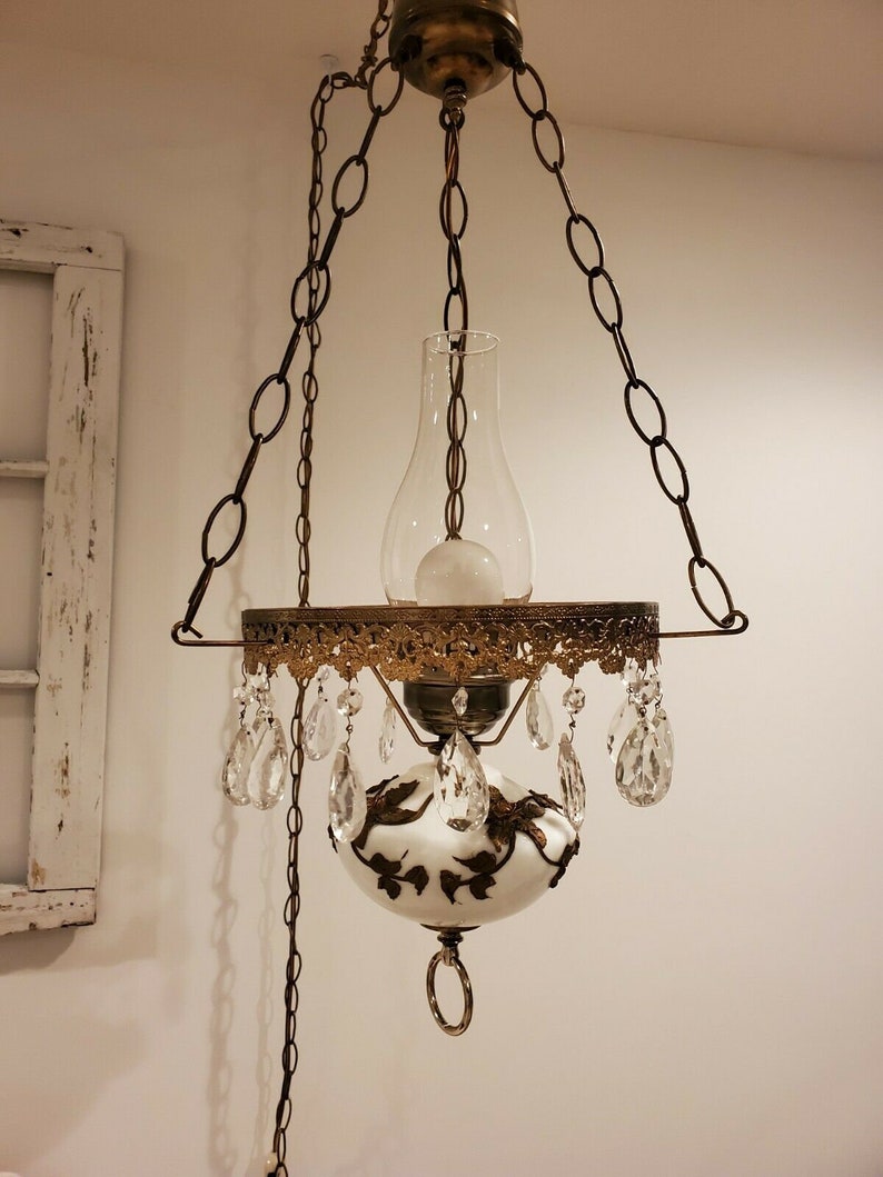Hanging Hurricane Lamp Hand Painted White Glass Heavy Gold Etsy