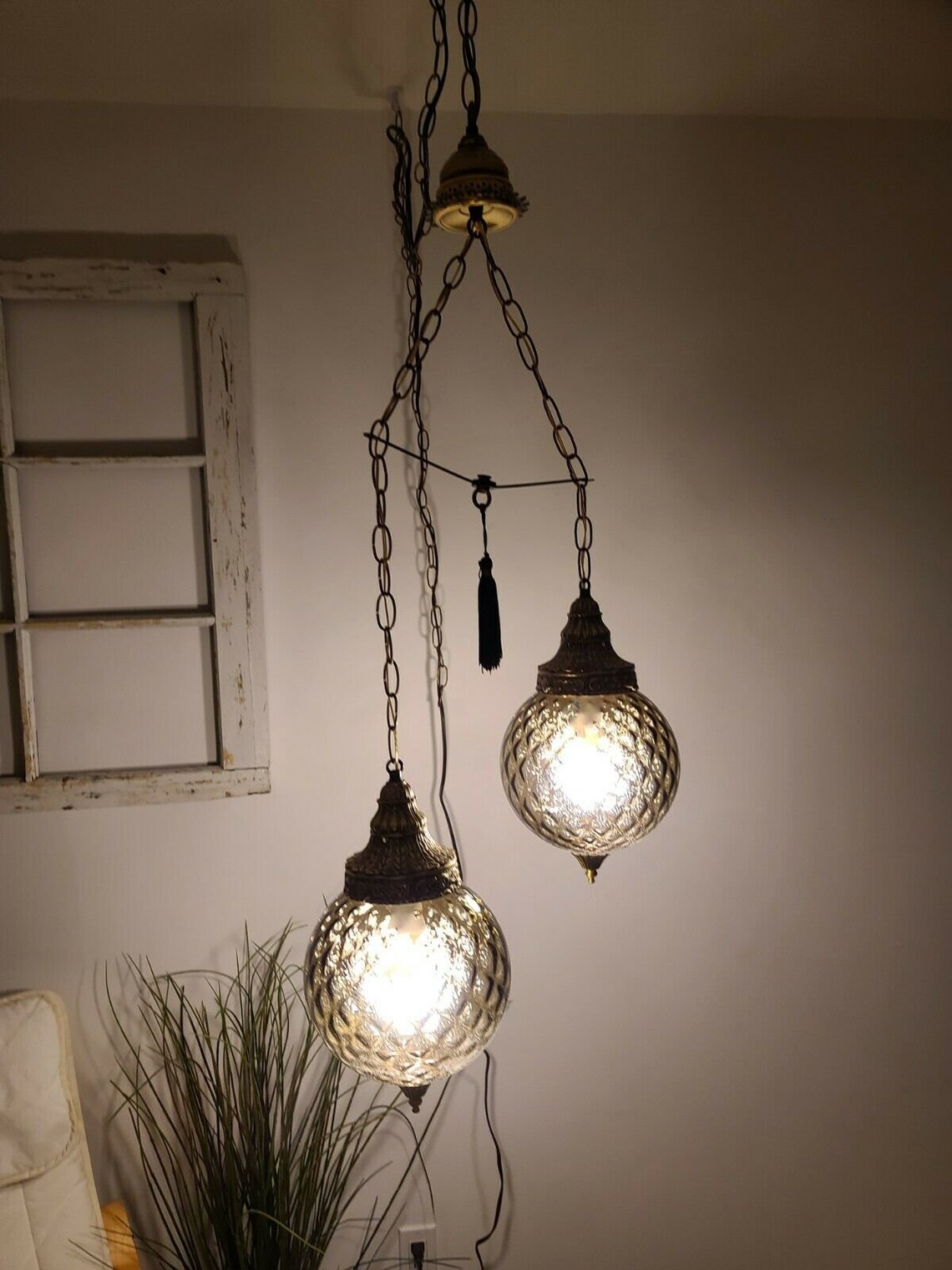 Vintage double swag light small smokey gray glass globes mid Etsy