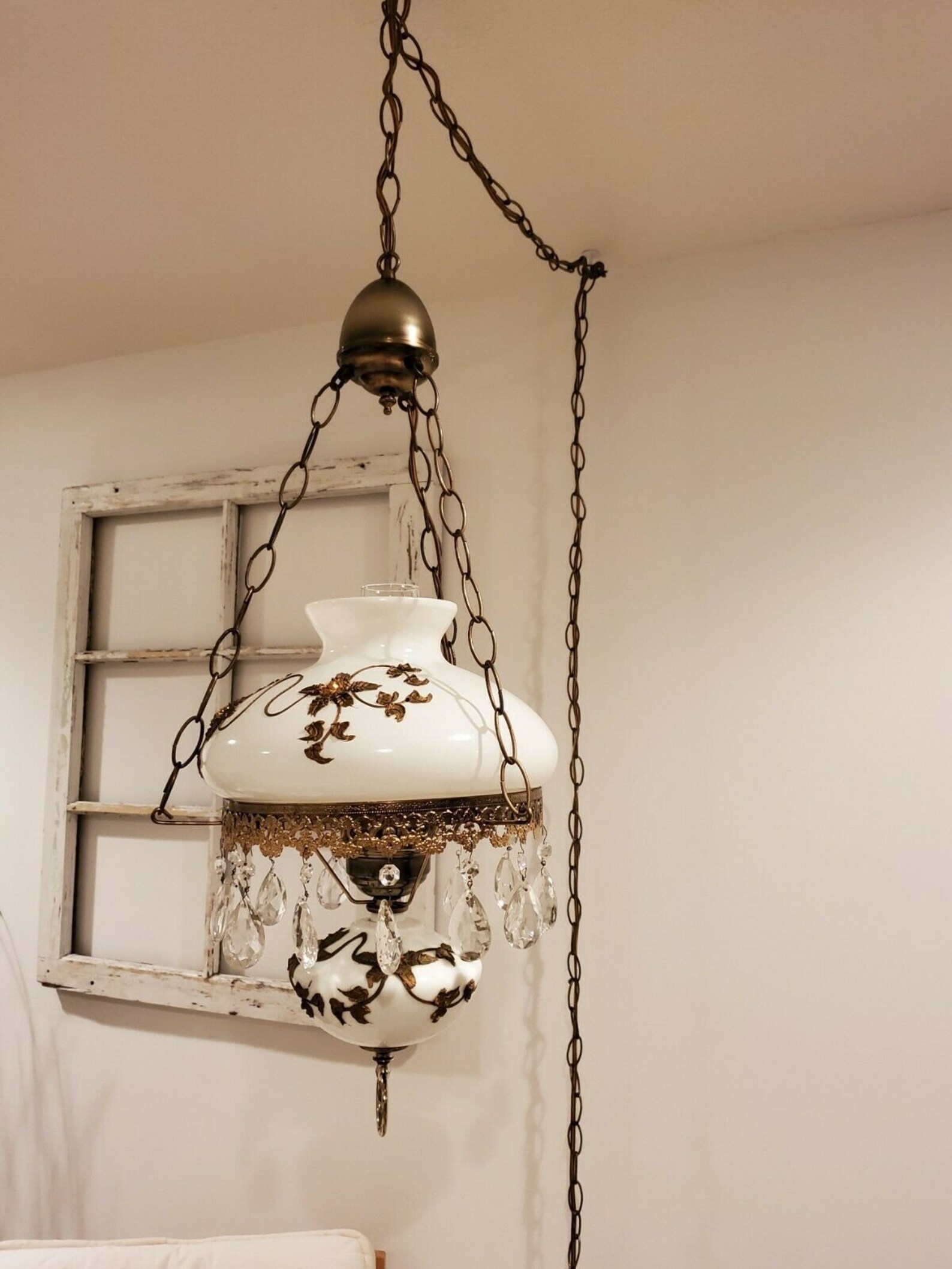 Hanging Hurricane Lamp Hand Painted White Glass Heavy Gold Etsy