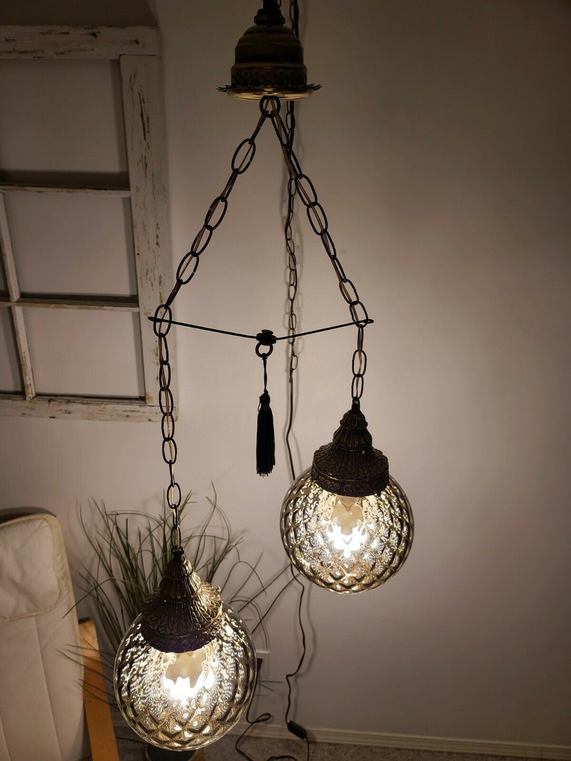 Vintage double swag light small smokey gray glass globes mid Etsy