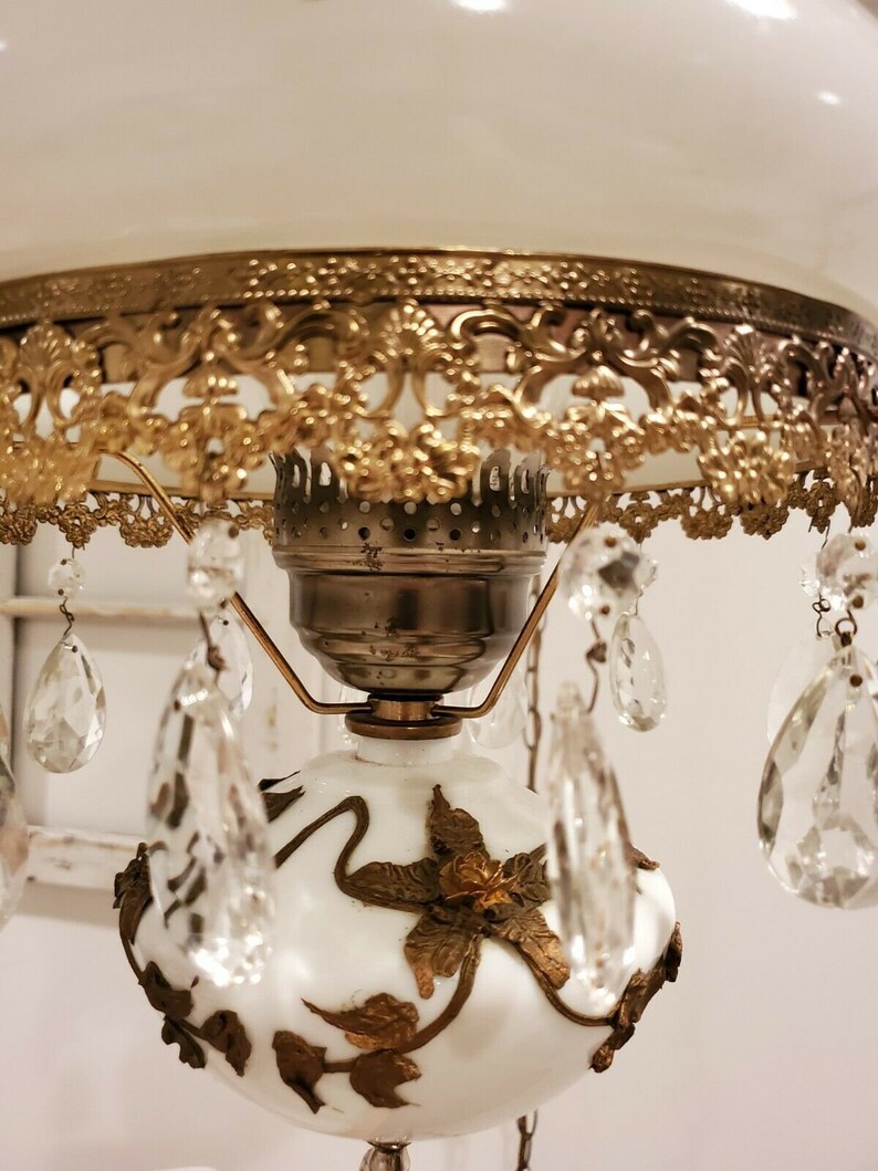Hanging Hurricane Lamp Hand Painted White Glass Heavy Gold Etsy
