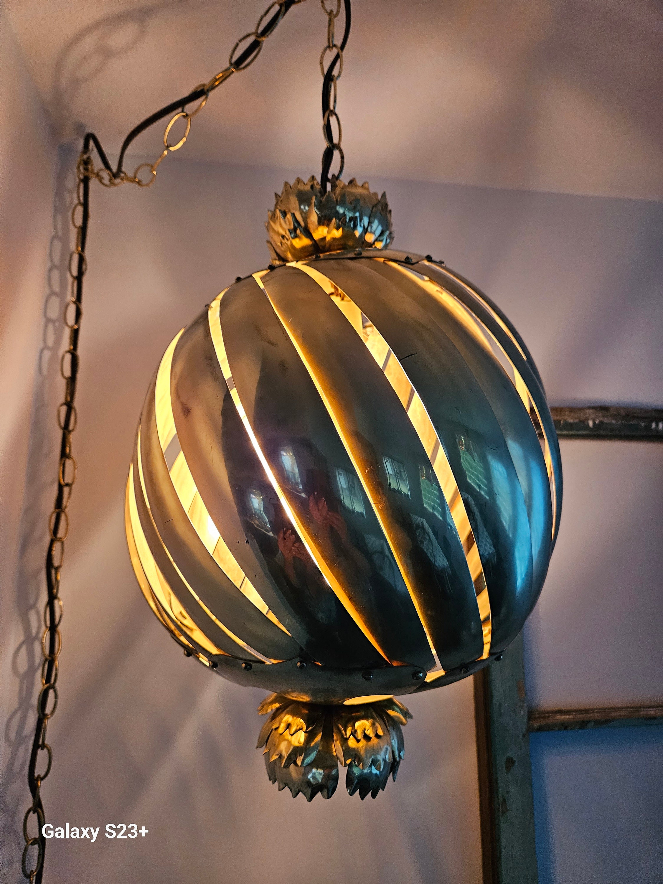 Vintage Brass Swag Lamp Mid Century Hanging Gold Light Pendant Hollywood Regency Glam Rewired Cleaned