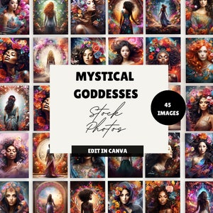 Puede incluir: Un collage de 45 imágenes con diosas místicas con coronas de flores y vestidos fluidos. Las imágenes están dispuestas en una cuadrícula y tienen un fondo blanco con el texto "Mystical Goddesses Stock Photos" y "Edit in Canva".