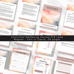 May include: A digital download of a 39-page emotional wellbeing journal for women. The journal features a watercolor background with pink, orange, and blue hues. The journal includes pages for daily mood tracking, gratitude journaling, and self-reflection prompts. The text "Emotional Wellbeing Journal PLR Lead Magnet - Edit in Canva - 39 pages" is displayed in a black banner across the top of the image.