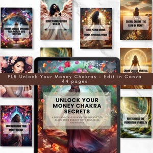 May include: A digital product cover for a 44-page guide titled "Unlock Your Money Chakras Secrets". The cover features a woman in a red dress standing in a colorful, swirling background. The text "A deep and transformative journey to align your energy with financial abundance" is also included.