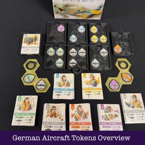 May include: A board game setup with cards, tokens, and game pieces on a black surface. The game pieces are arranged in an organized manner. The text "German Aircraft Tokens Overview" is at the bottom of the image.