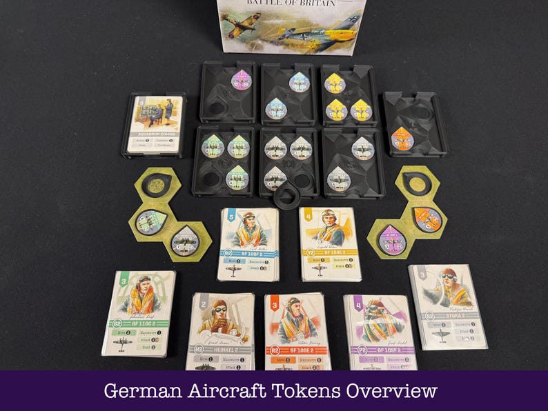 May include: A board game setup with cards, tokens, and game pieces on a black surface. The game pieces are arranged in an organized manner. The text "German Aircraft Tokens Overview" is at the bottom of the image.