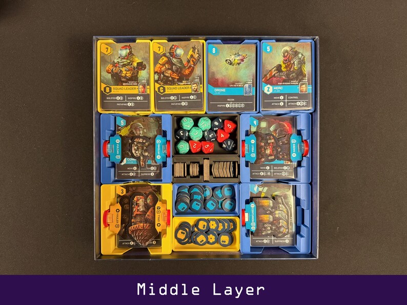 Peut inclure: Un organisateur de jeu avec plusieurs compartiments remplis de cartes de jeu, de d&eacute;s et de jetons. Les cartes pr&eacute;sentent des illustrations de personnages et de v&eacute;hicules. L'organisateur est bleu et jaune, avec le texte "Middle Layer" en bas.