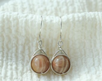 Dainty Sunstone Dangle Earrings: Handmade Wire Wrapped Aluminum Jewelry