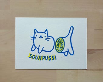 Sourpuss! — 5"x7" Handmade Linocut Lemon Cat Print