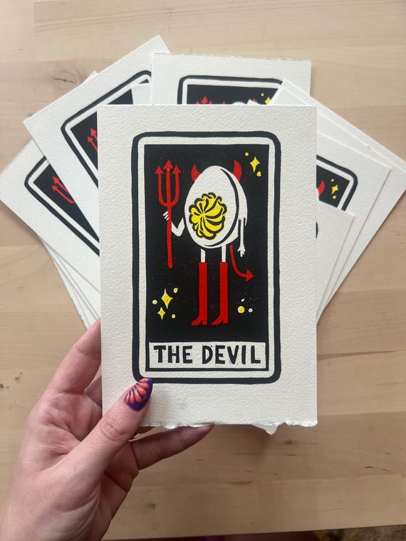 5"x7" Handmade Tarot Card Linocut Print — The Devil, Deviled Egg