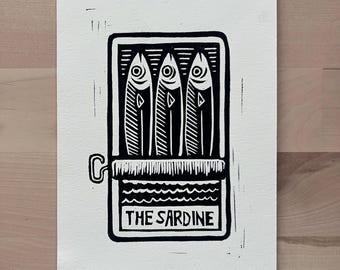 5"x7" Handmade Tarot Card Linocut Print — The Sardine in Black