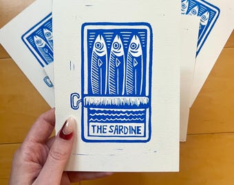 5"x7" Handmade Tarot Card Linocut Print — The Sardine in Blue