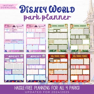 Peut inclure: Un planificateur de parc Disney World avec des sections pour Magic Kingdom, Animal Kingdom, Epcot et Hollywood Studios. Le planificateur comprend des zones pour la planification et les notes, avec un code couleur violet, rose, vert et rouge. Le texte comprend "Téléchargement instantané".