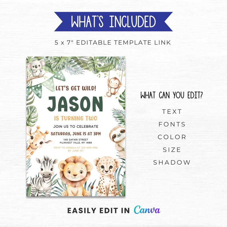 Editable Jungle Birthday Invitation Template Jungle Safari Theme Canva ...
