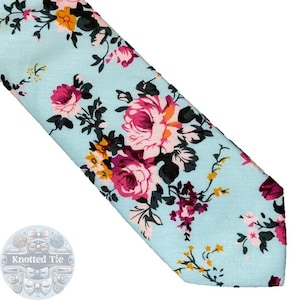 Artisan Bright Blue & Pink Floral Cotton Neckwear: Tie and Pocket Square