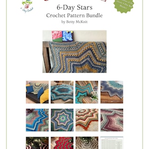 May include: A crochet pattern bundle titled "ULTIMATE 6-Day Stars" by Betty McKnit. The image showcases various star-shaped crochet blankets in different colors and designs. The blankets are displayed on a couch, a table, and as tree skirts.