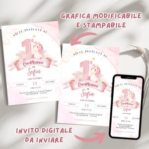 EDITIERBARE Einhorn-Geburtstagseinladung, Einladung zum ersten Geburtstag, druckbare Vorlage und digitale Einladung zum sofortigen Download.