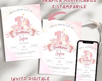 Invitación EDITABLE de Cumpleaños de Unicornio, Invitación de Primer Cumpleaños, Plantilla Imprimible y Descarga Instantánea de Invitación Digital.