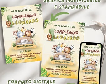 Edytowalne zaproszenie na urodziny Safari, pierwsze zaproszenie na urodziny, szablon do druku i zaproszenie cyfrowe Instant Download