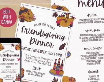 Friendsgiving Invitation & Menu Bundle: Retro Fall Dinner Party (Digital Download)
