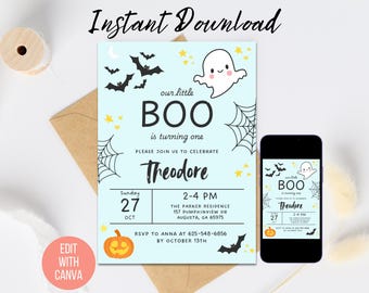 Halloween Erste Geburtstagseinladung Geist & Kürbis Digitaler Download