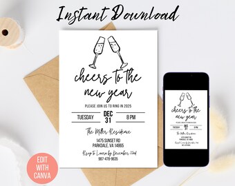 May include: A black and white printable New Year's Eve party invitation featuring a graphic of two champagne glasses clinking. The text reads "Cheers to the New Year" and includes the date, time, and location of the party. RSVP by 22nd December.