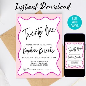 Pink 21st Birthday Invitation: Editable Template (Digital Download)