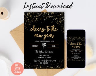 Könnte beinhalten: Schwarze und goldene Neujahrs-Partyeinladung mit glitzerndem Hintergrund. Die Einladung lautet "Cheers to the New Year" und enthält Datum, Uhrzeit und Ort der Party.