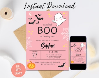 Faire-part d'anniversaire Halloween Little Boo rose : la petite fille effrayante (téléchargement numérique)