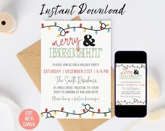 May include: Editable Christmas party invitation with a white background and a string of colorful lights. The text reads "merry & BRIGHT" with a red and green color scheme. The invitation includes the date, time, and location of the party. The text "Please bring a festive beverage!" is included at the bottom of the invitation.