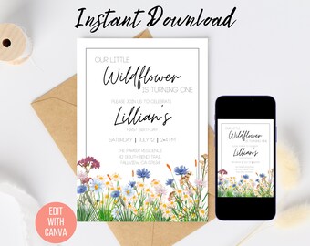 May include: Editable printable invitation for a first birthday party. The invitation features a floral design with the text "Our Little Wildflower is Turning One" and "Lillian's First Birthday". The invitation also includes the date, time, and location of the party.