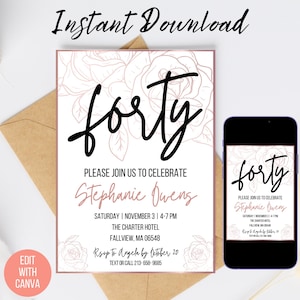 40. Geburtstags-Einladung für Frauen Rosegold Einladung elegant floral Digital 40.Geburtstags-Party 40.Geburtstag einladen SOFORT-DOWNLOAD