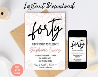 Rose Gold Floral 40th Birthday Invitation: Elegant Party Invite (Digital Download)