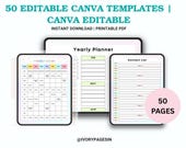 50 Editable Canva Planner Templates, Printable Tracker Bundle, Digital Planner Pack, Productivity Templates, Canva Planner Kit