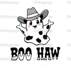 Whimsical Cowboy Ghost Clipart - Cheerful Halloween Design with Boo Haw Phrase for Instant Download and Sublimation Projects