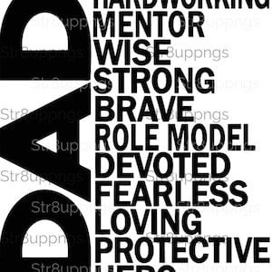 Papa - travailleur, mentor, sage, fort, courageux, modèle, dévoué, sans peur, aimant, protecteur, héros - sublimation clipart design