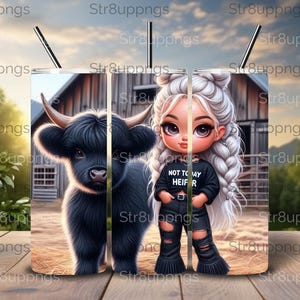 Cheerful Cartoon Girl with Highland Cow - Not today heir - Whimsical Glass Set Design for Sublimation and Clipart Downloads