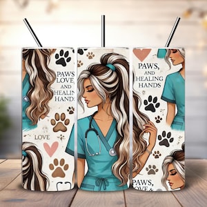 Veterinarian Tumbler ~ Paws, Love, and Healing Hands - Cartoon Female Vet Clipart for Sublimation Designs and Instant Downloads